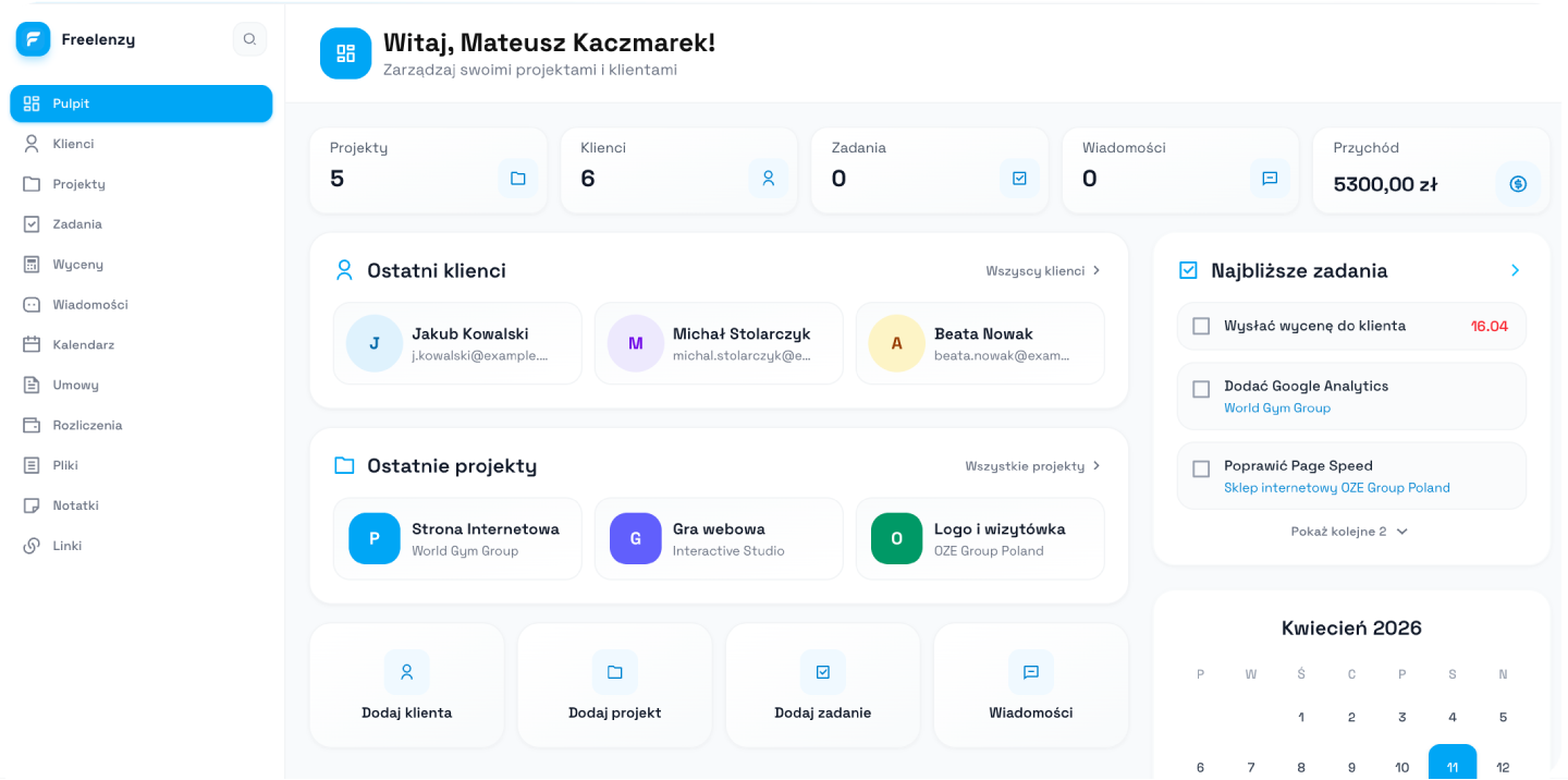 Panel freelancera — podgląd mobilny